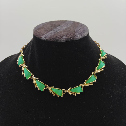 Gold Choker Necklace with Lucite Moonglow Green Sail Carbachol Insets - Marked ART