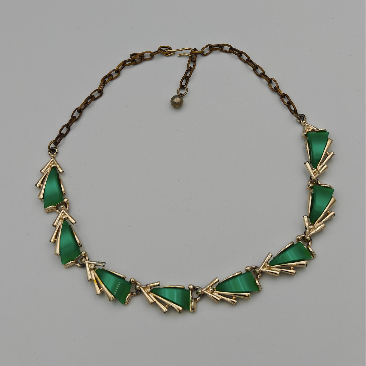 Gold Choker Necklace with Lucite Moonglow Green Sail Carbachol Insets - Marked ART