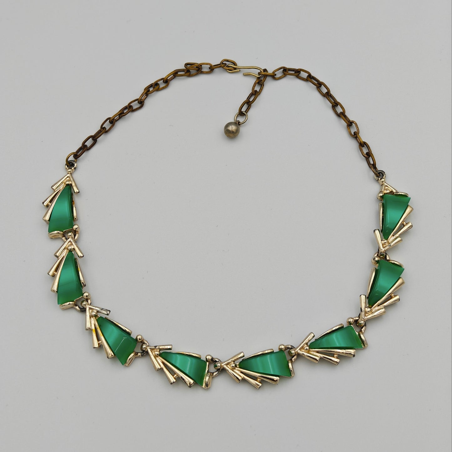 Gold Choker Necklace with Lucite Moonglow Green Sail Carbachol Insets - Marked ART