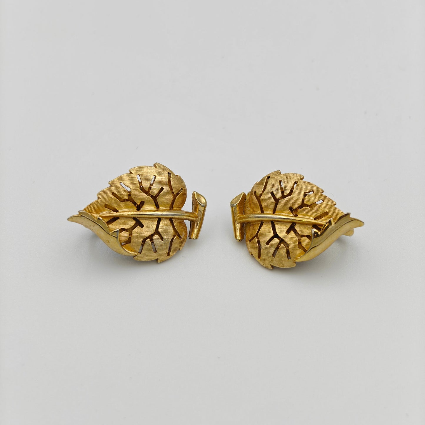 Trifari Clip on Leaf Shaped Earrings - Trifari Trifanium Gold-Toned Earrings - Very Natural Leaf Shaped Earrings -  Cut Metal Leaf Shape