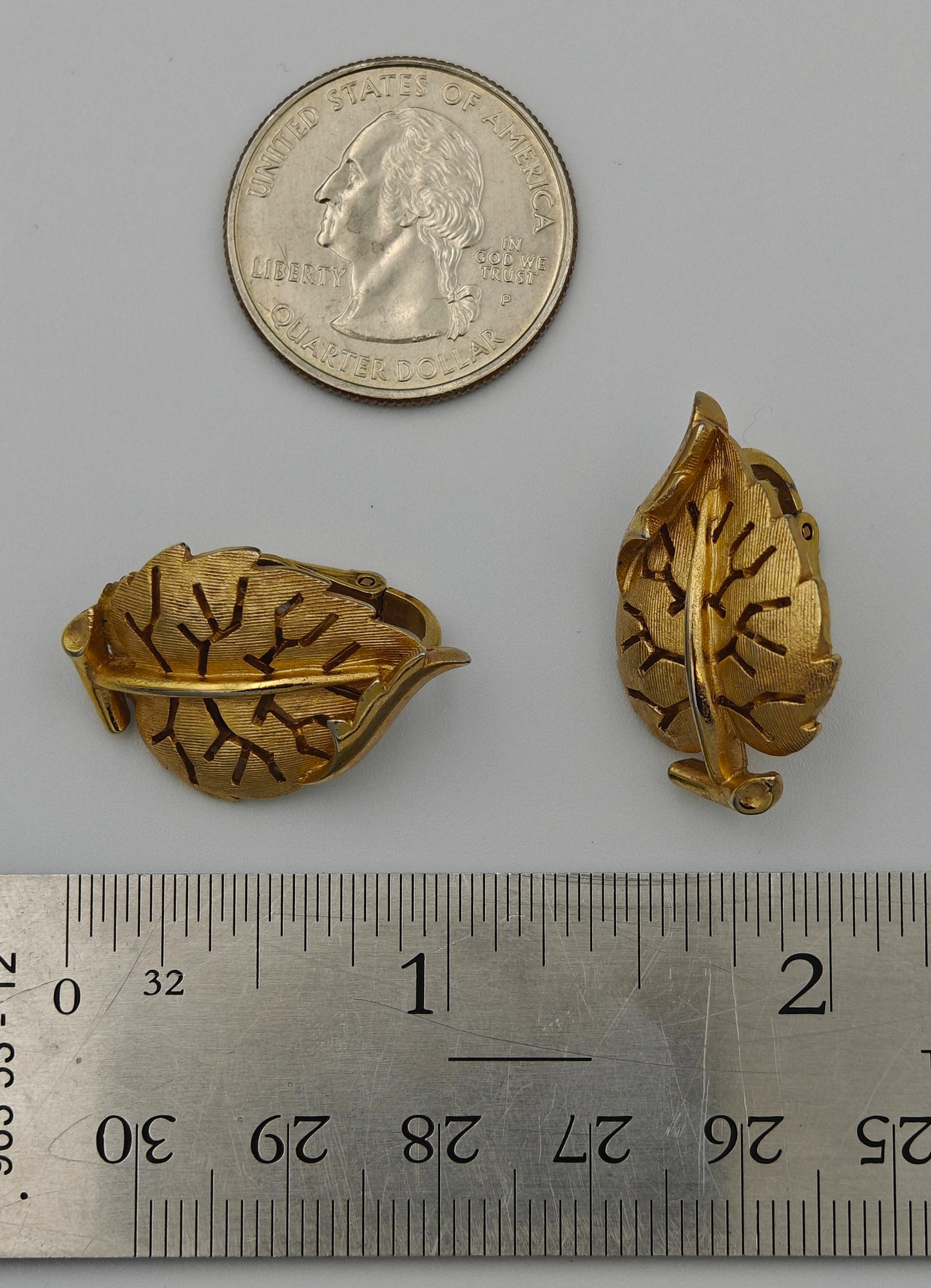 Trifari Clip on Leaf Shaped Earrings - Trifari Trifanium Gold-Toned Earrings - Very Natural Leaf Shaped Earrings -  Cut Metal Leaf Shape