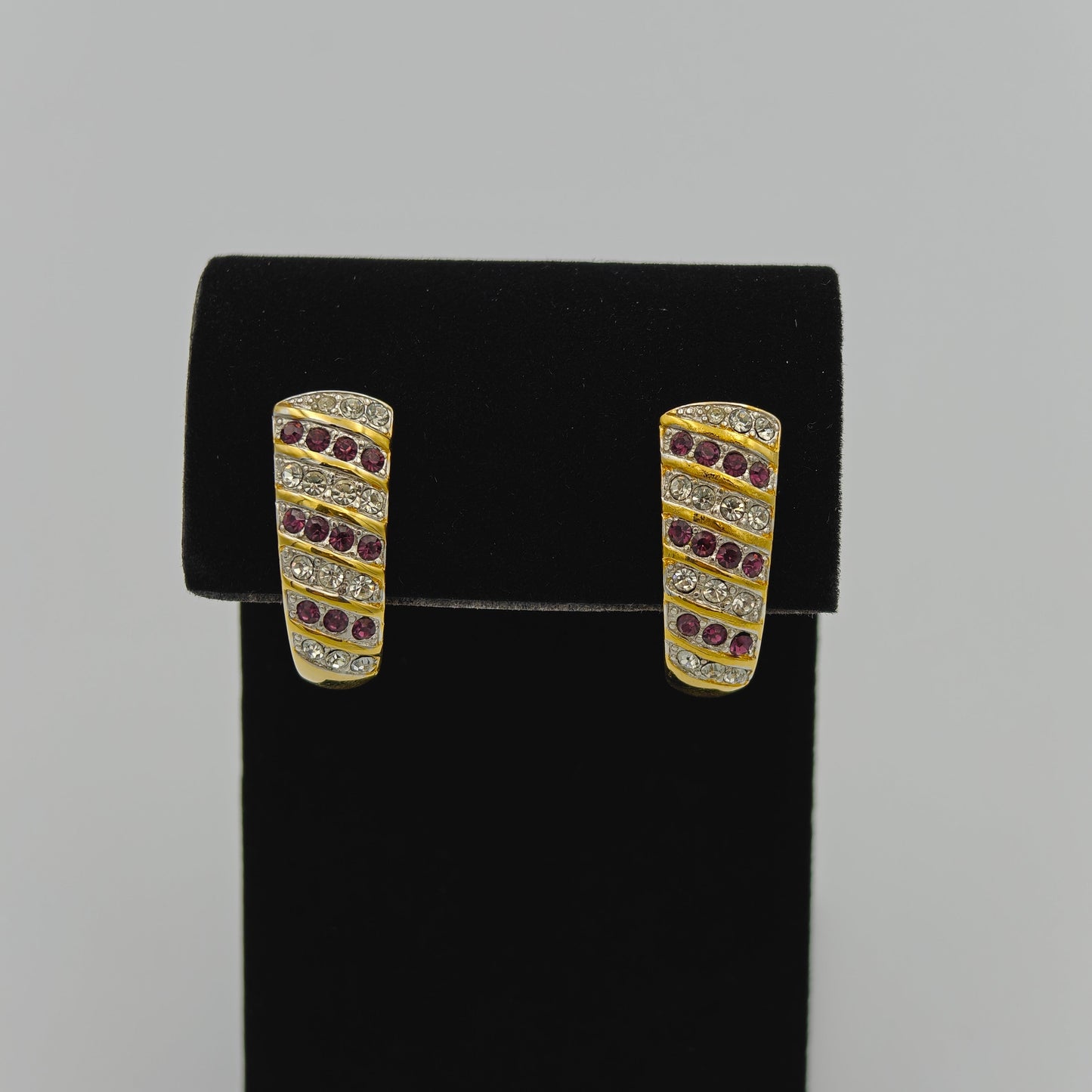 Monet Clip-On Earrings Gold With Crystal and Plum Rhinestone Settings