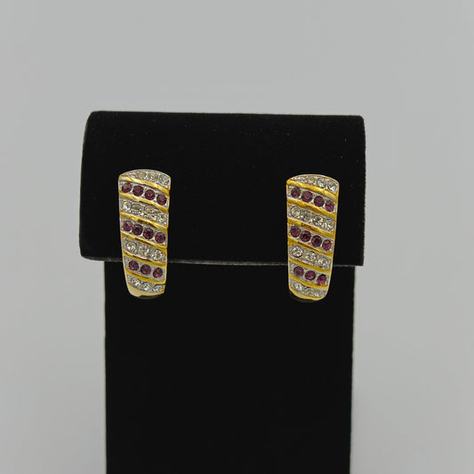 Monet Clip-On Earrings Gold With Crystal and Plum Rhinestone Settings