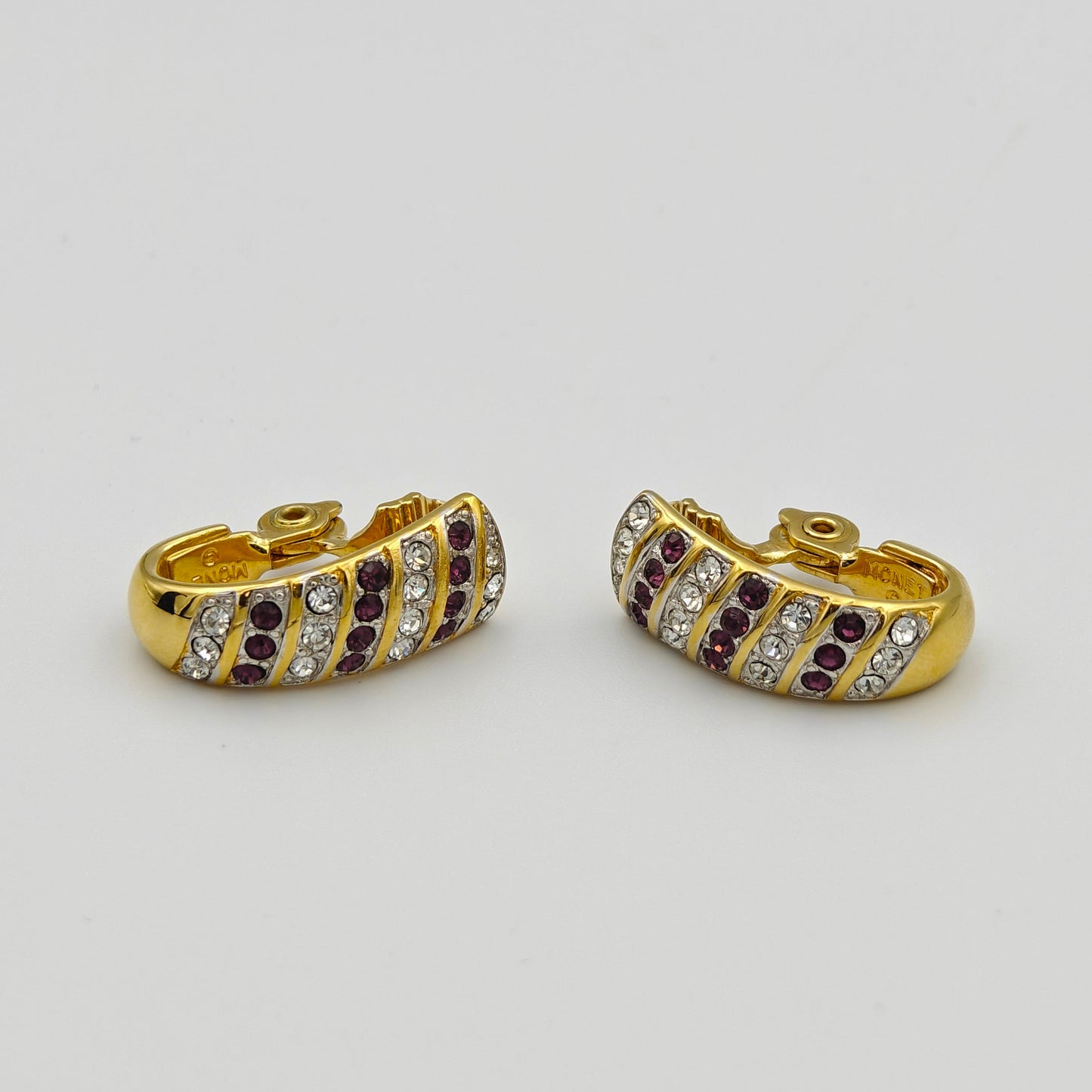 Monet Clip-On Earrings Gold With Crystal and Plum Rhinestone Settings