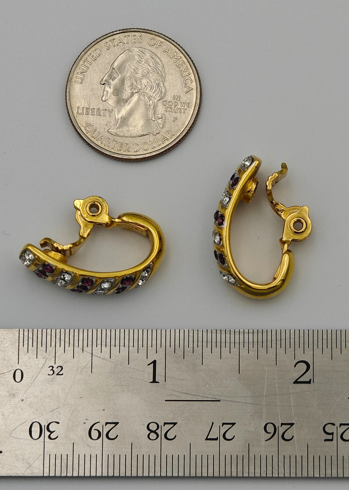 Monet Clip-On Earrings Gold With Crystal and Plum Rhinestone Settings