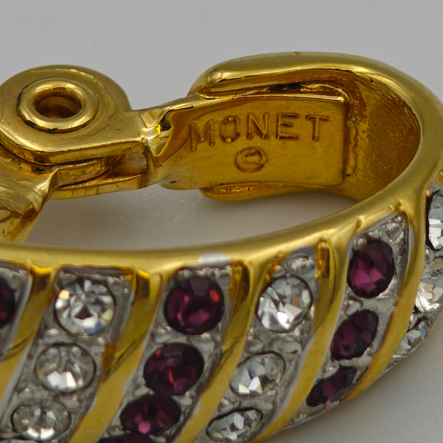 Monet Clip-On Earrings Gold With Crystal and Plum Rhinestone Settings