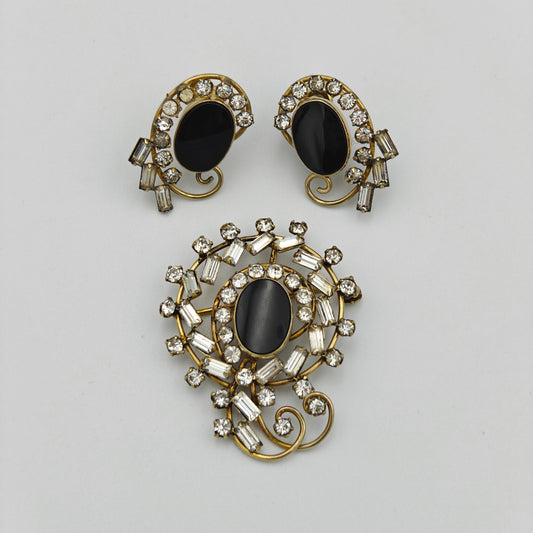 Vintage Carl Art Crystal and Obsidian Screw-back Earrings and Brooch Set