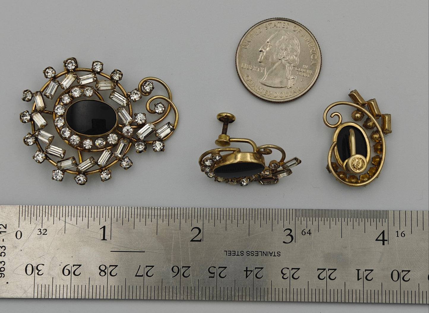 Vintage Carl Art Crystal and Obsidian Screw-back Earrings and Brooch Set