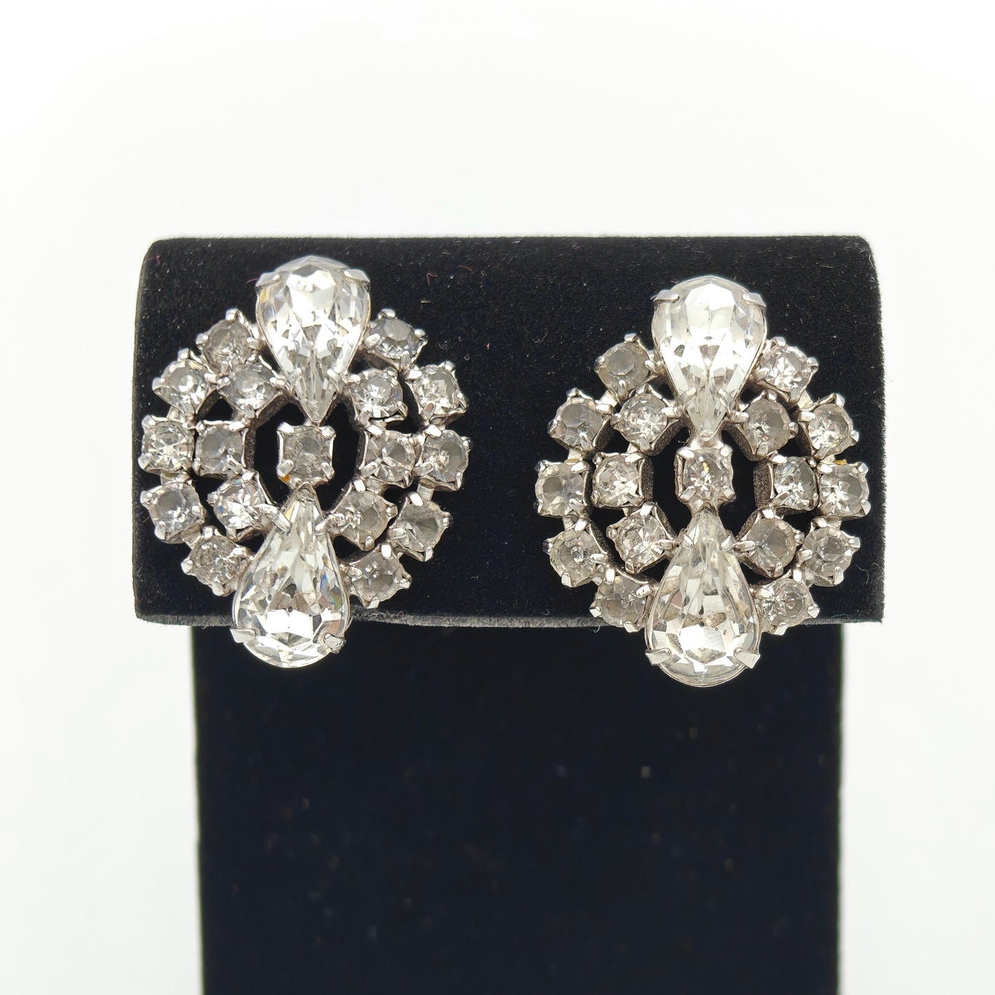 Large Crystal Double Crystal Rhinestone Clip on Earrings - Vintage - Wedding or Bridal Jewelry