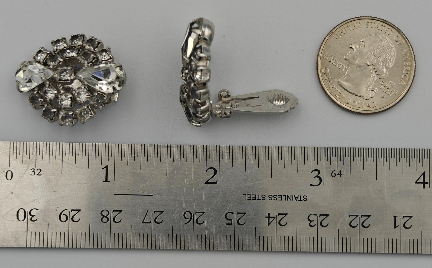 Large Crystal Double Crystal Rhinestone Clip on Earrings - Vintage - Wedding or Bridal Jewelry