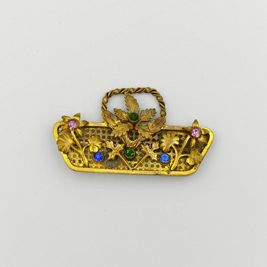 Brass and Rhinestone Floral Basket Brooch Pin