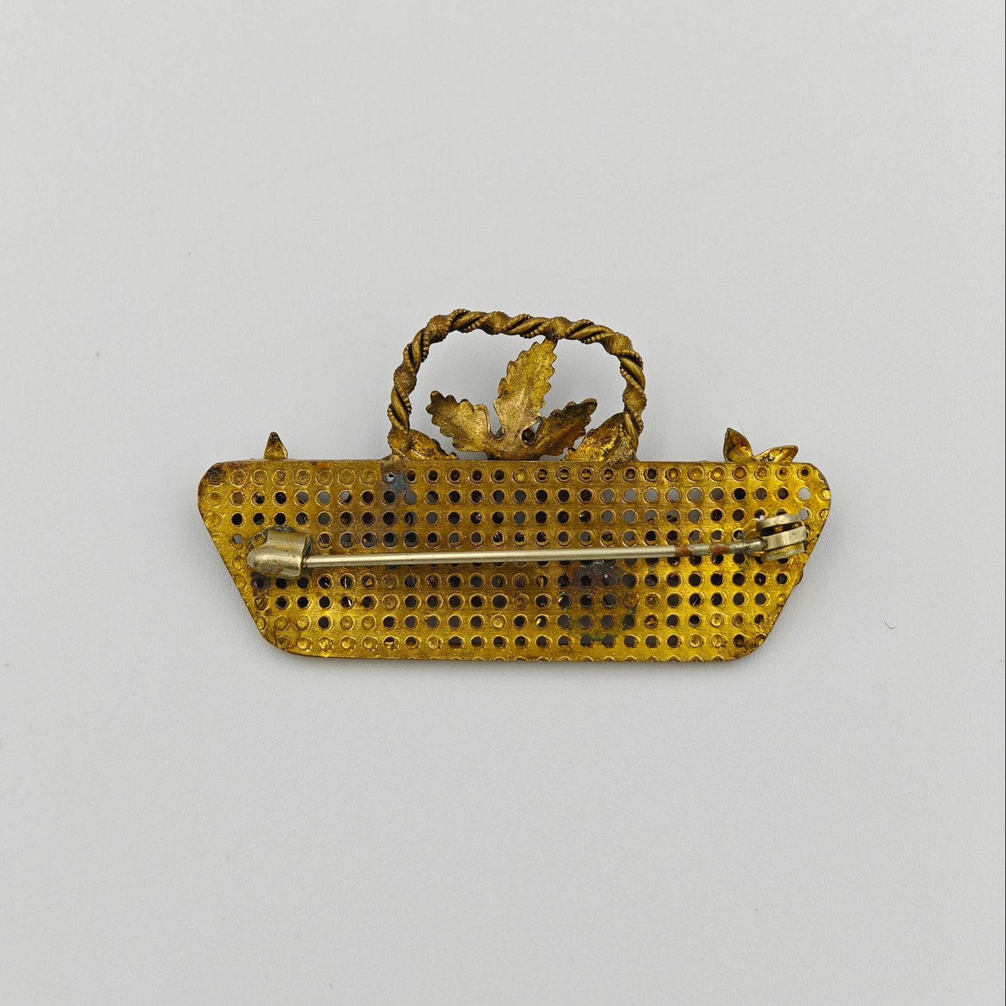 Brass and Rhinestone Floral Basket Brooch Pin
