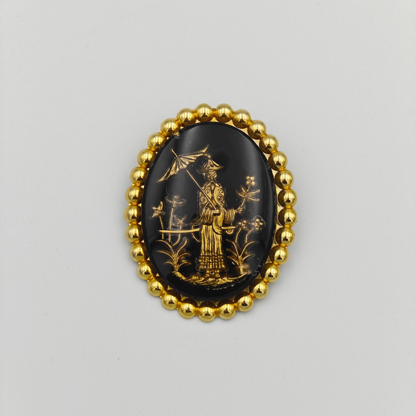 Black and Gold Tone Glass Brooch - Eastern Style Art Pin