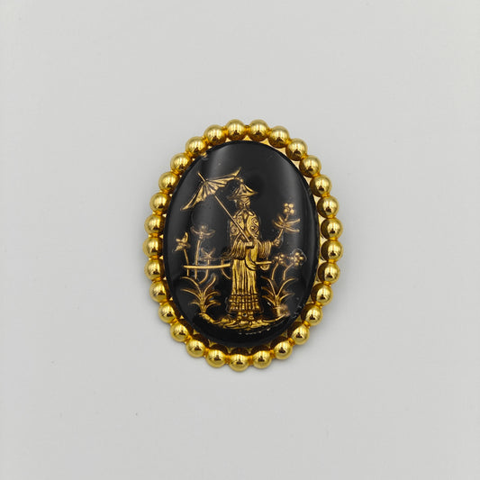 Black and Gold Tone Glass Brooch - Eastern Style Art Pin