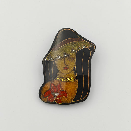 Mixed Media - Woman With Flower and Hat - Brooch Pin