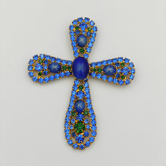 Stunning Large Blue and Green - Rhinestone Cross - Pendant and Brooch Pin