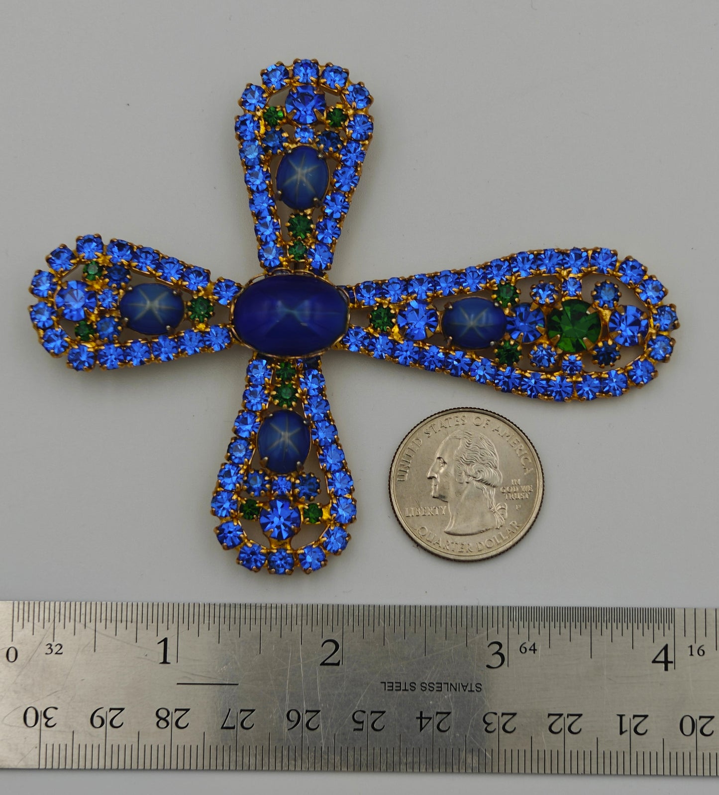 Stunning Large Blue and Green - Rhinestone Cross - Pendant and Brooch Pin