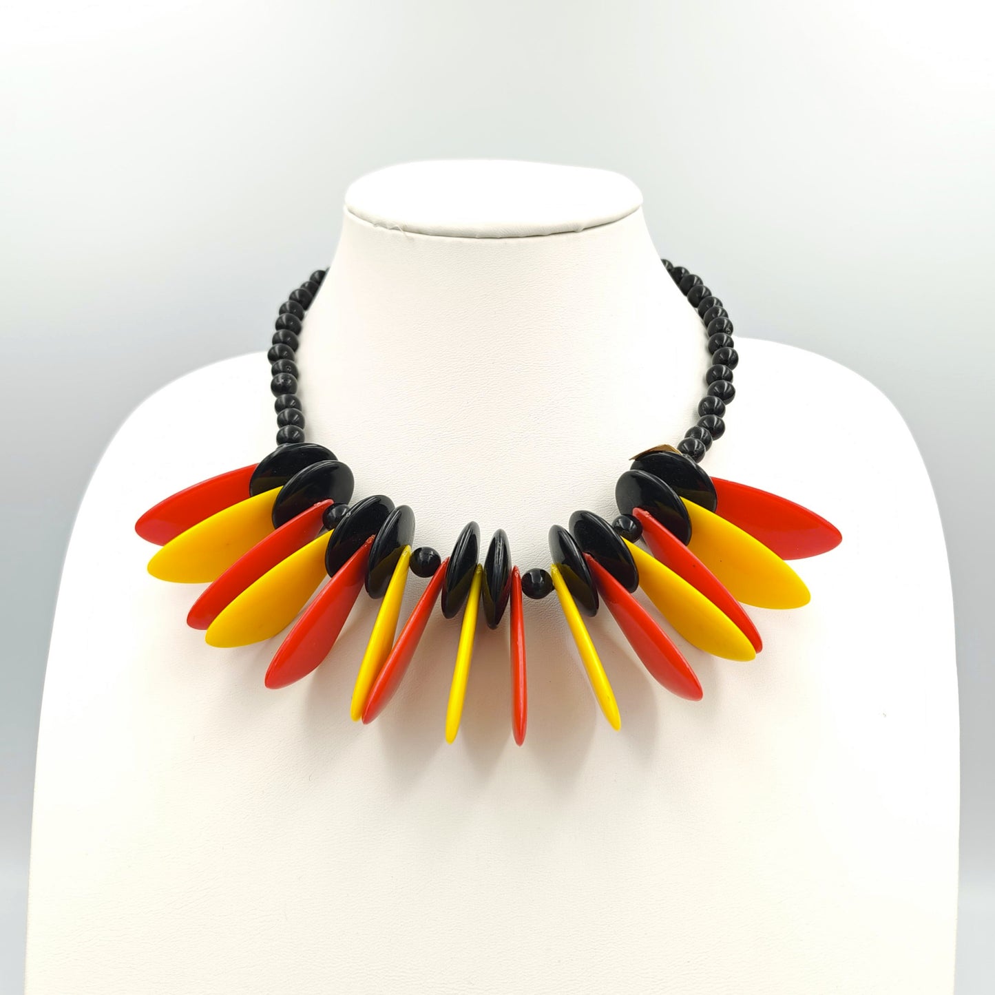 Mid Century Classic Disk Bead Necklace in Red, Yellow, and Black