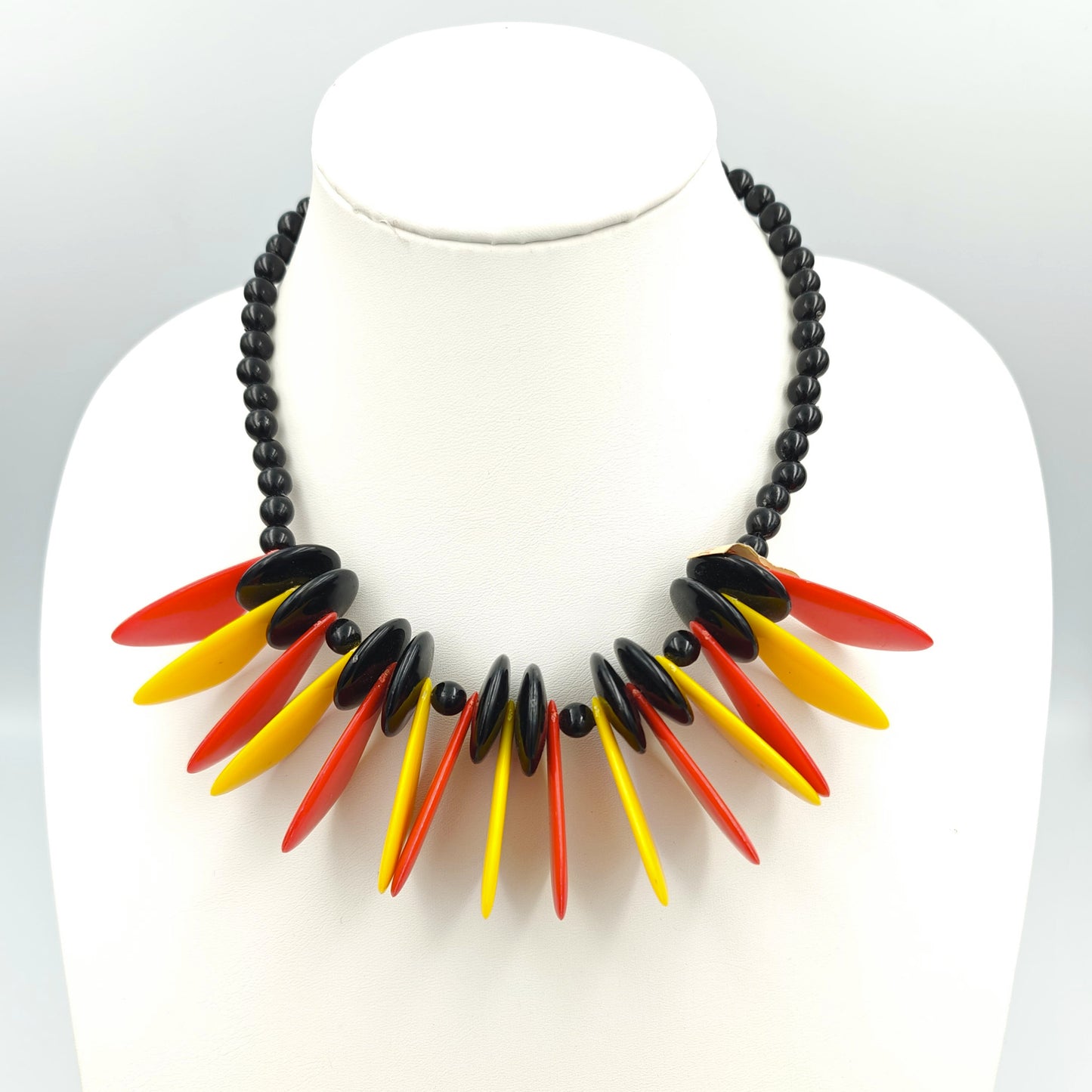 Mid Century Classic Disk Bead Necklace in Red, Yellow, and Black