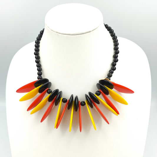 Mid Century Classic Disk Bead Necklace in Red, Yellow, and Black