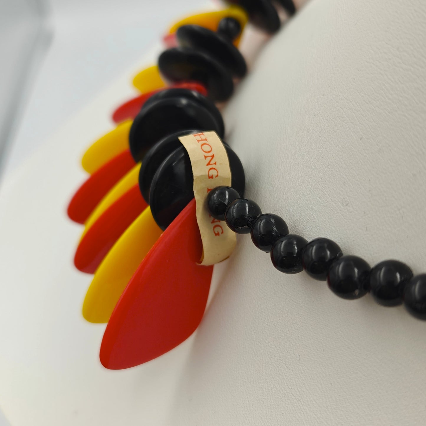 Mid Century Classic Disk Bead Necklace in Red, Yellow, and Black