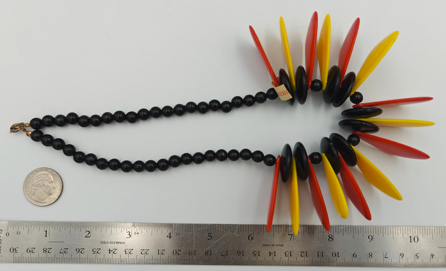 Mid Century Classic Disk Bead Necklace in Red, Yellow, and Black