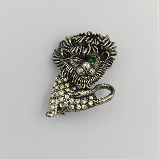 Vintage Silver Tone Winking Lion With Emerald Eye and Rhinestone Body Brooch Pin