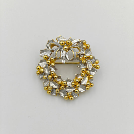 Two-Tone Holly Wreath Brooch - Silver Tone Base with Gold Tone Berries