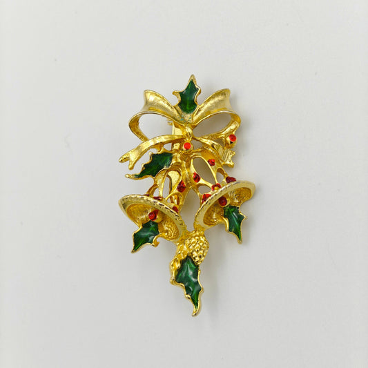 Enameled Holiday Brooch with Holly and Bells - Small Christmas Pin - Bells Hanging from Bow with Red and Green Enamel