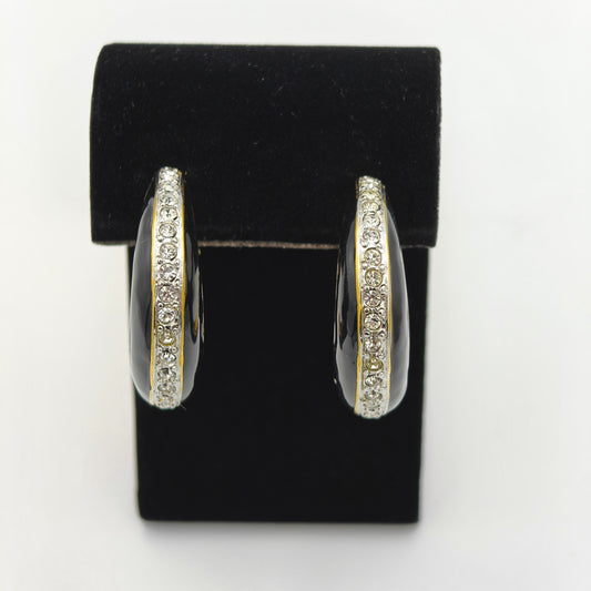 Vintage Essex Clip-On Earrings - Black Enamel and Rhinestones on Gold Tone