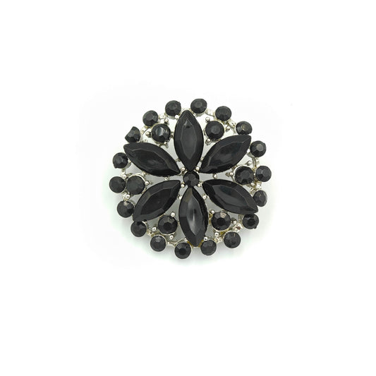 Mourning Period Black Glass Flower Brooch - Marked Navettes - Prong Set Flower Shape