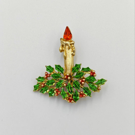 Jay Jacobs Enamel Christmas Candle with Holly Brooch/Pin