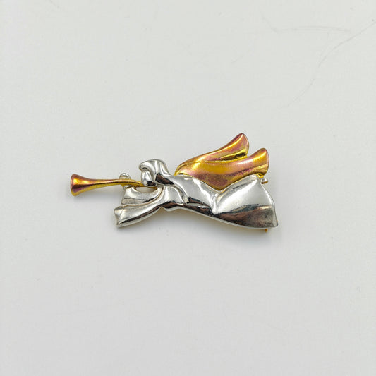 Liz Claiborne Two-Toned Angel Playing a Horn Brooch - Vintage 1980s