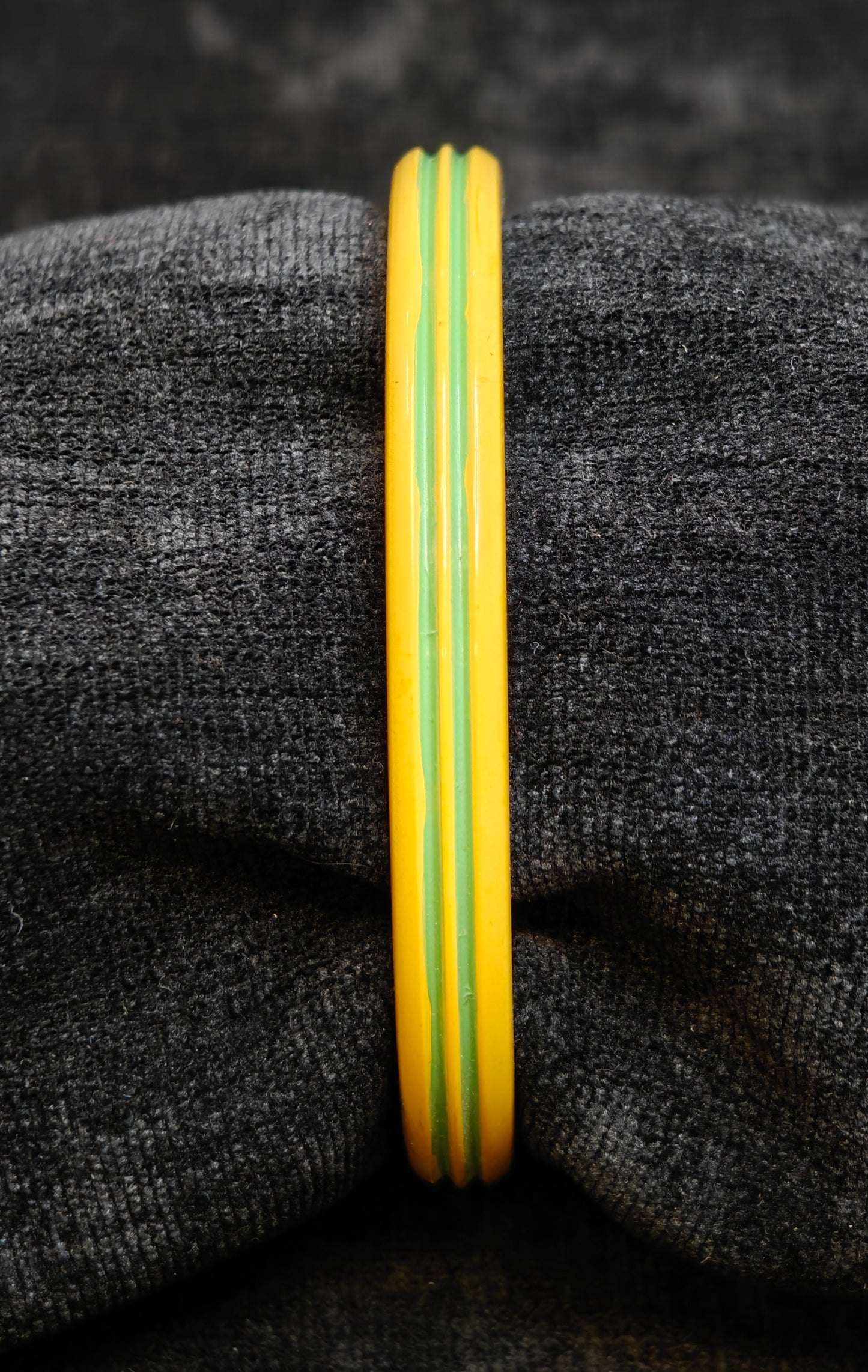 Bakelite Yellow Bangle with Narrow Green Ribs - Vintage Bakelite