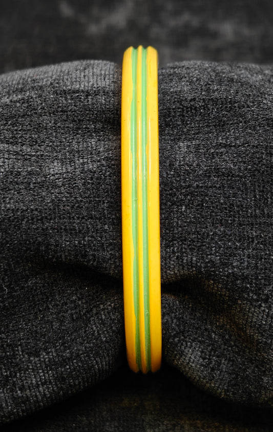 Bakelite Yellow Bangle with Narrow Green Ribs - Vintage Bakelite