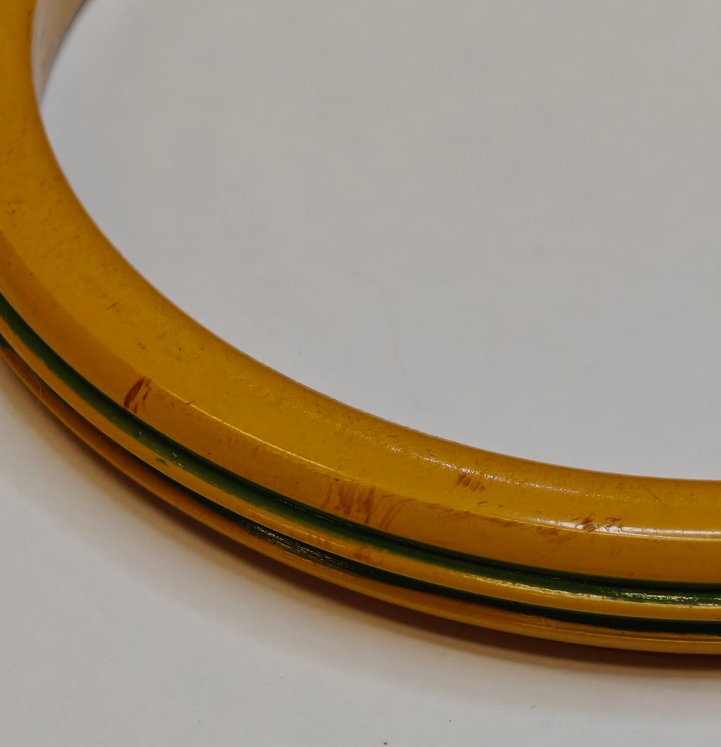 Bakelite Yellow Bangle with Narrow Green Ribs - Vintage Bakelite