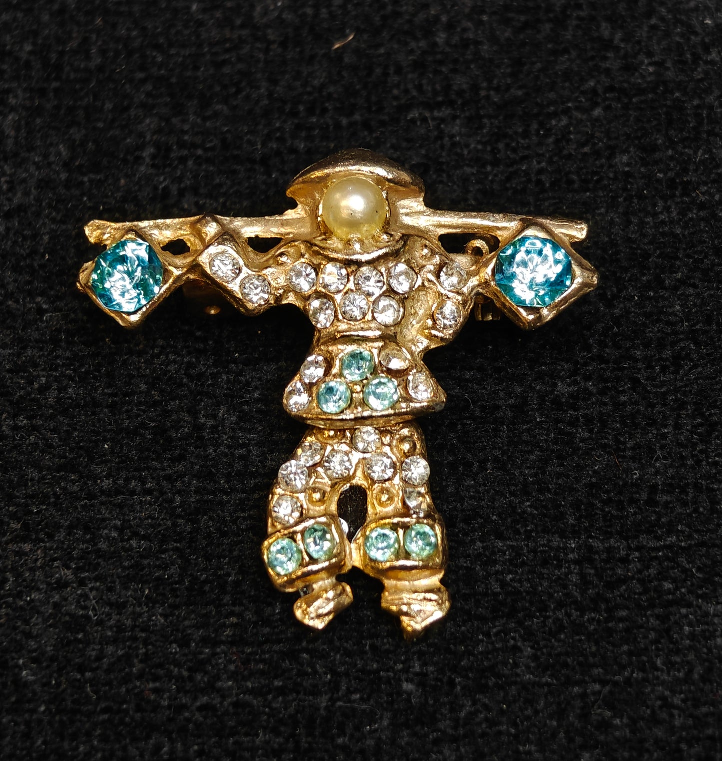Chinese Farmer Moveable Pins Blue Rhinestone and Pearl Set of 2
