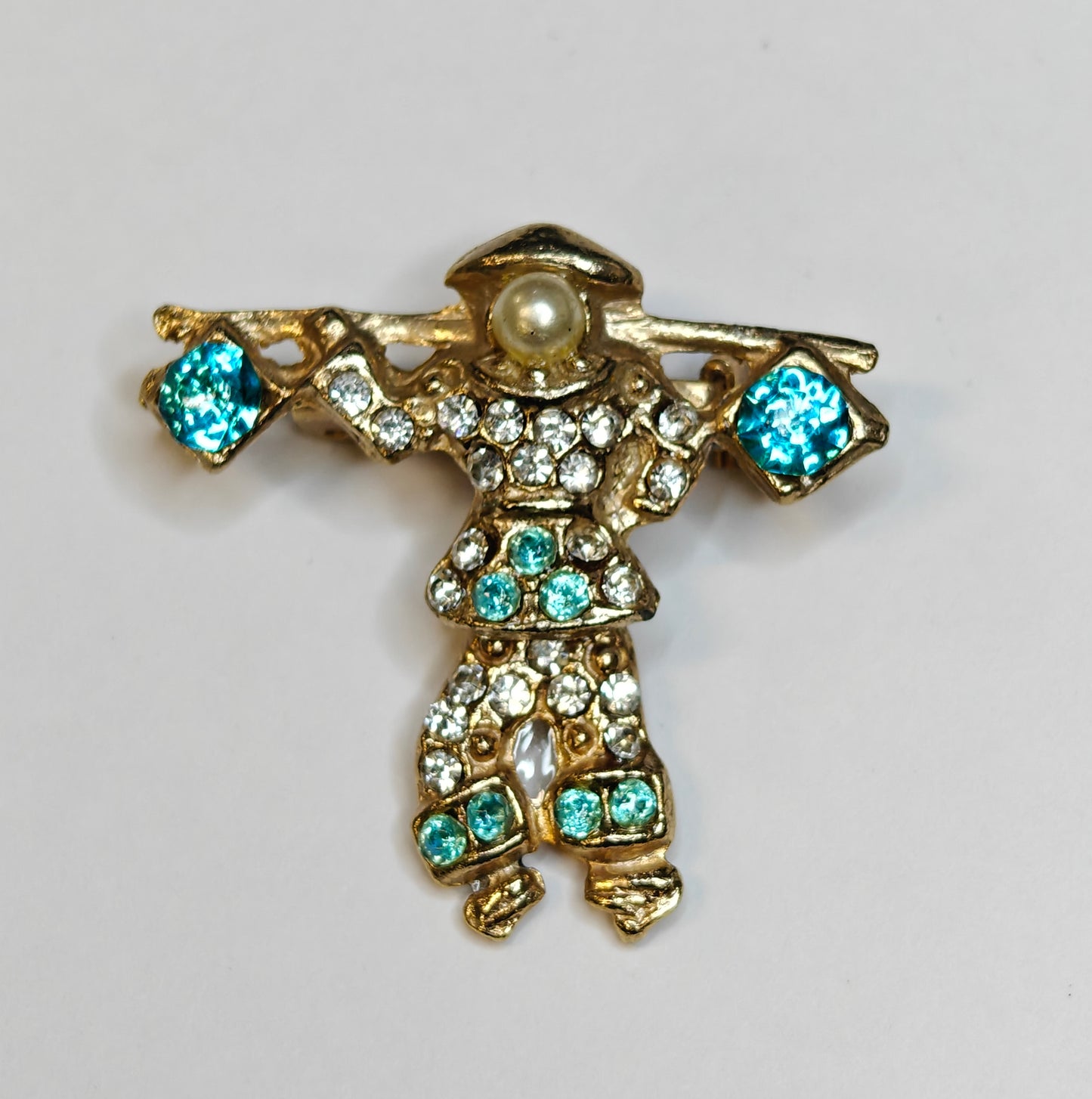 Chinese Farmer Moveable Pins Blue Rhinestone and Pearl Set of 2