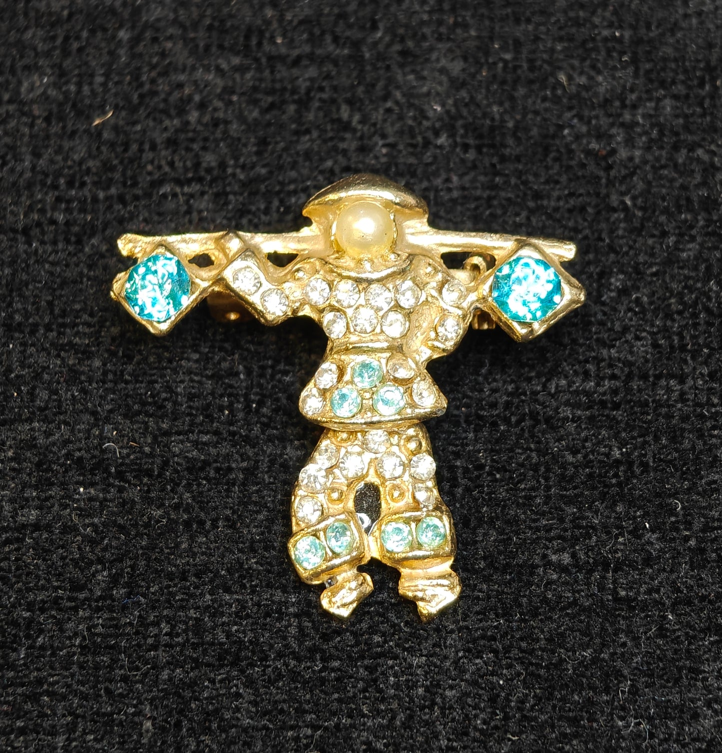 Chinese Farmer Moveable Pins Blue Rhinestone and Pearl Set of 2
