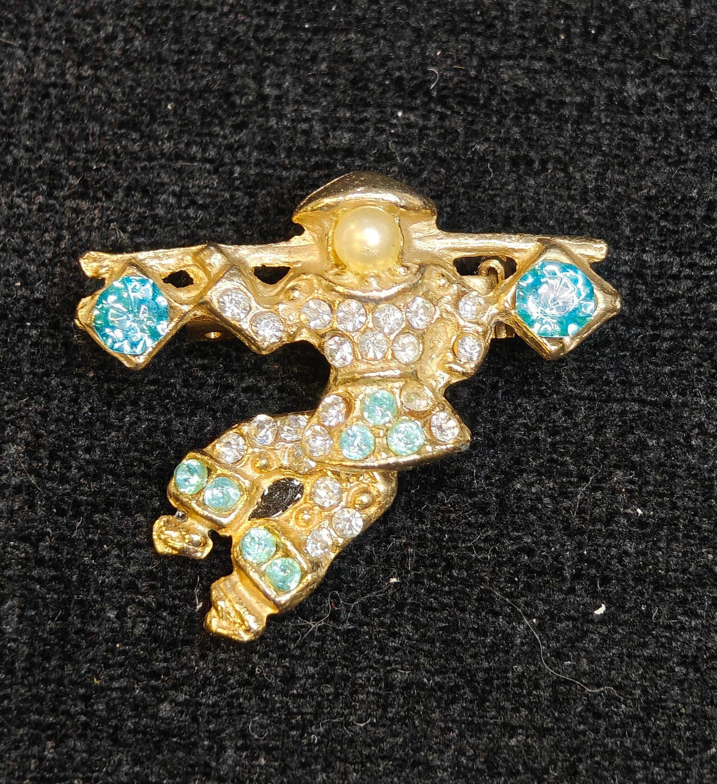 Chinese Farmer Moveable Pins Blue Rhinestone and Pearl Set of 2
