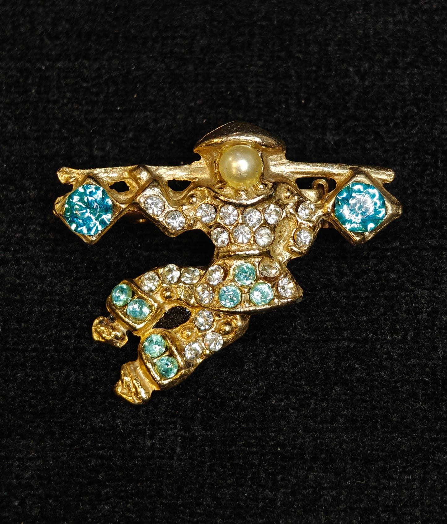 Chinese Farmer Moveable Pins Blue Rhinestone and Pearl Set of 2