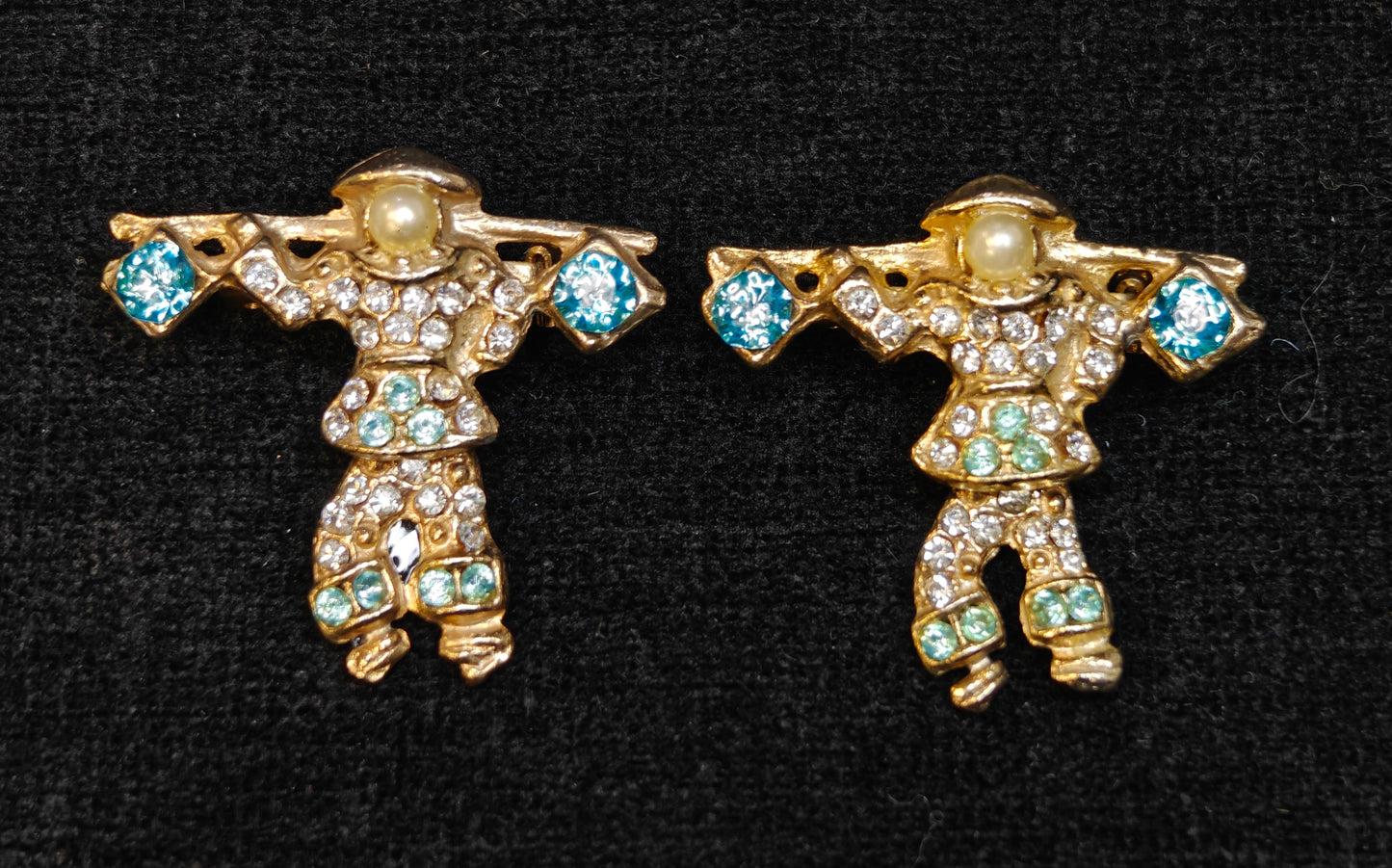 Chinese Farmer Moveable Pins Blue Rhinestone and Pearl Set of 2