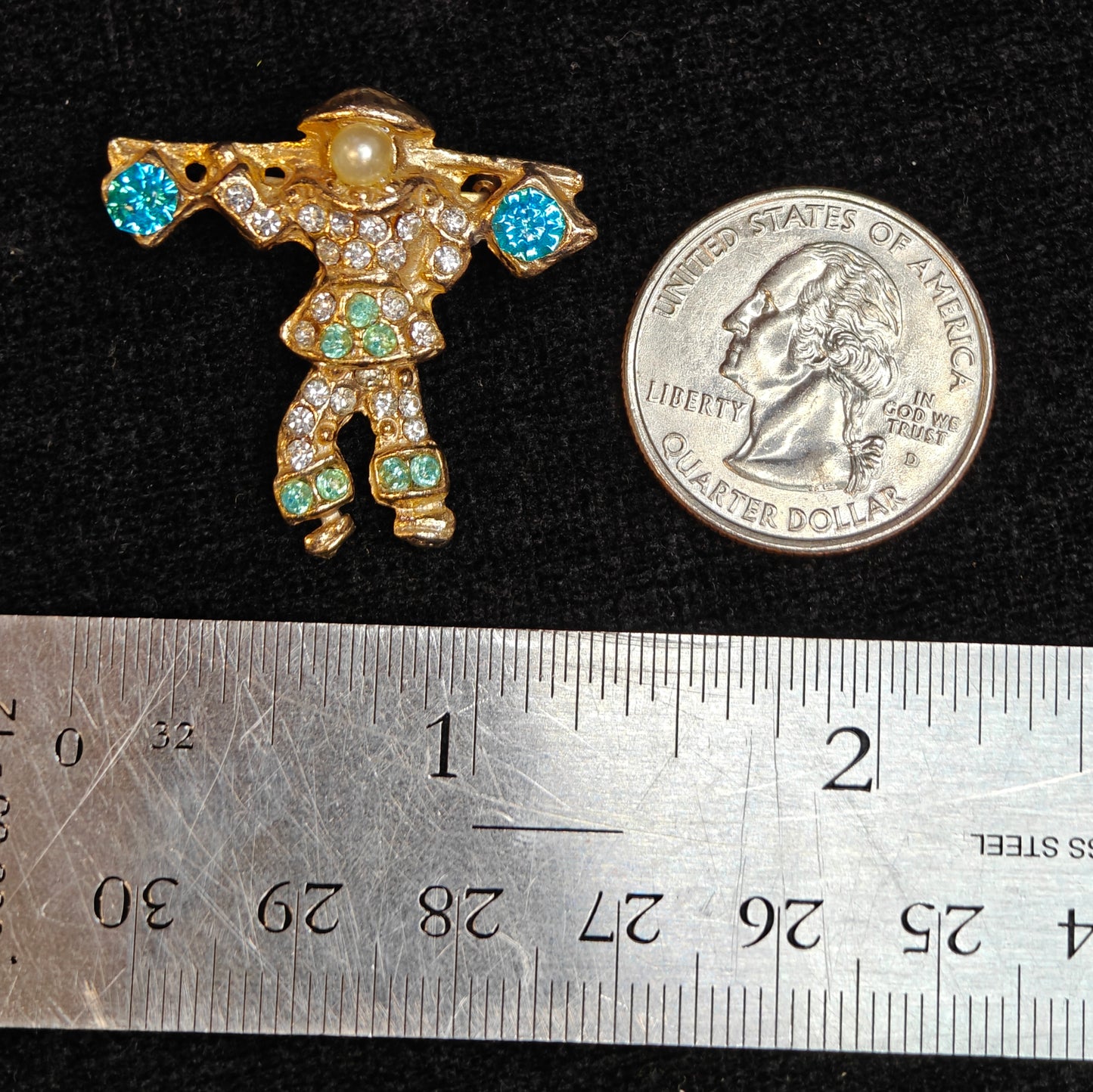 Chinese Farmer Moveable Pins Blue Rhinestone and Pearl Set of 2