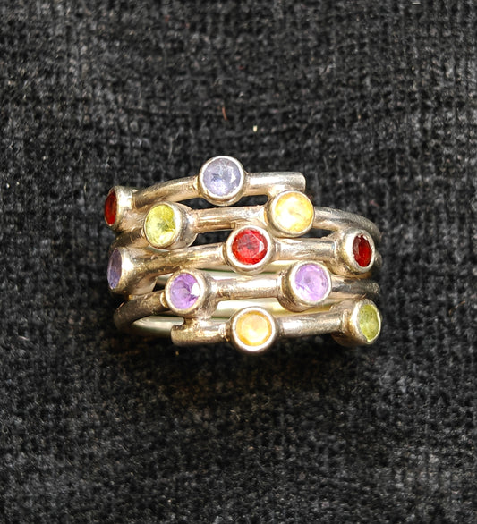 LAXMI 925 Silver Spiral Band Ring With 11 Separate Gemstone Settings - Size 7