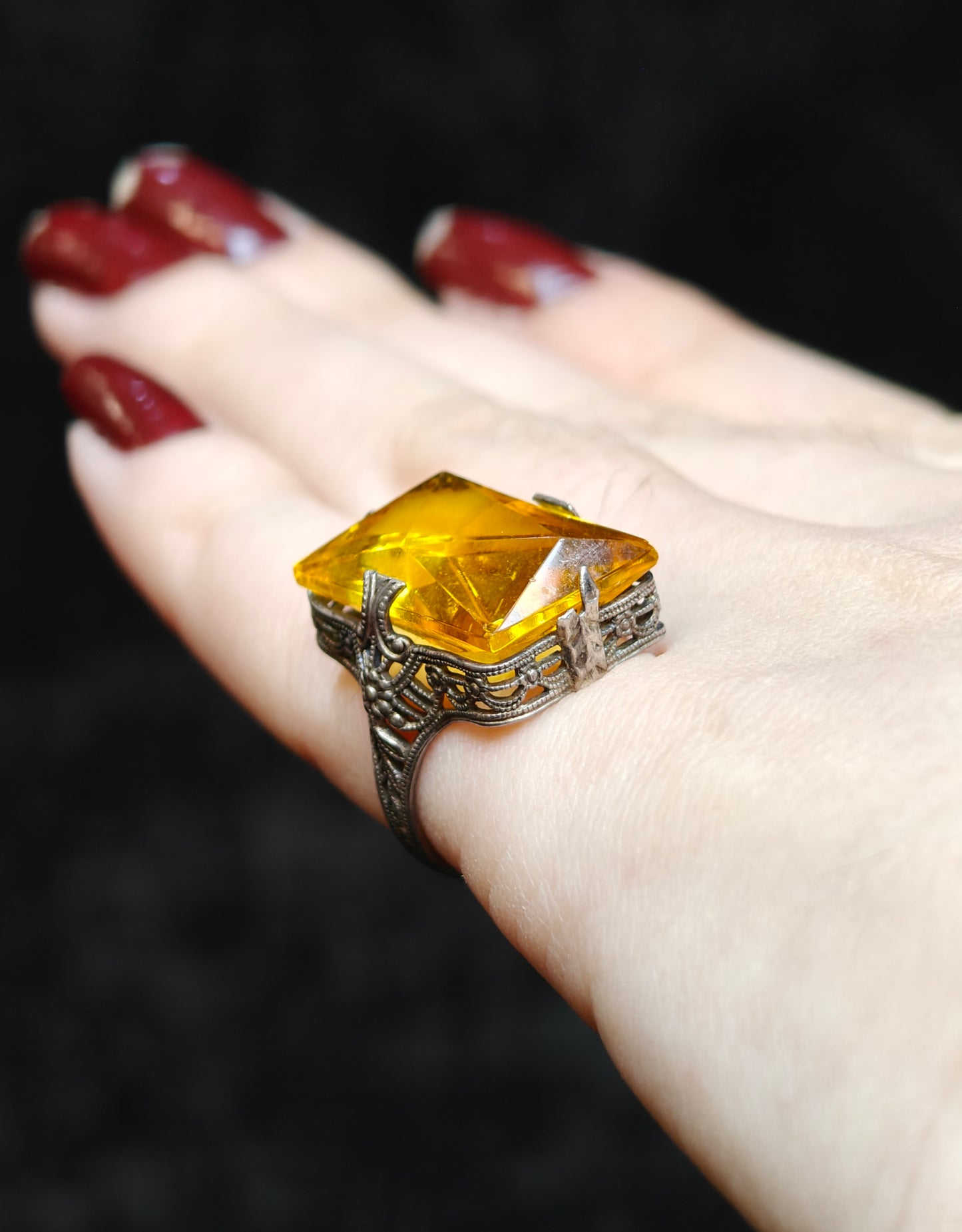 November Birthstone Topaz Ring Flower Filigree Setting Sterling Silver