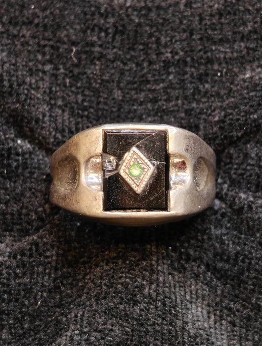 Sterling Silver Onyx Setting with Aquamarine Chip Center Setting - Size 7.5