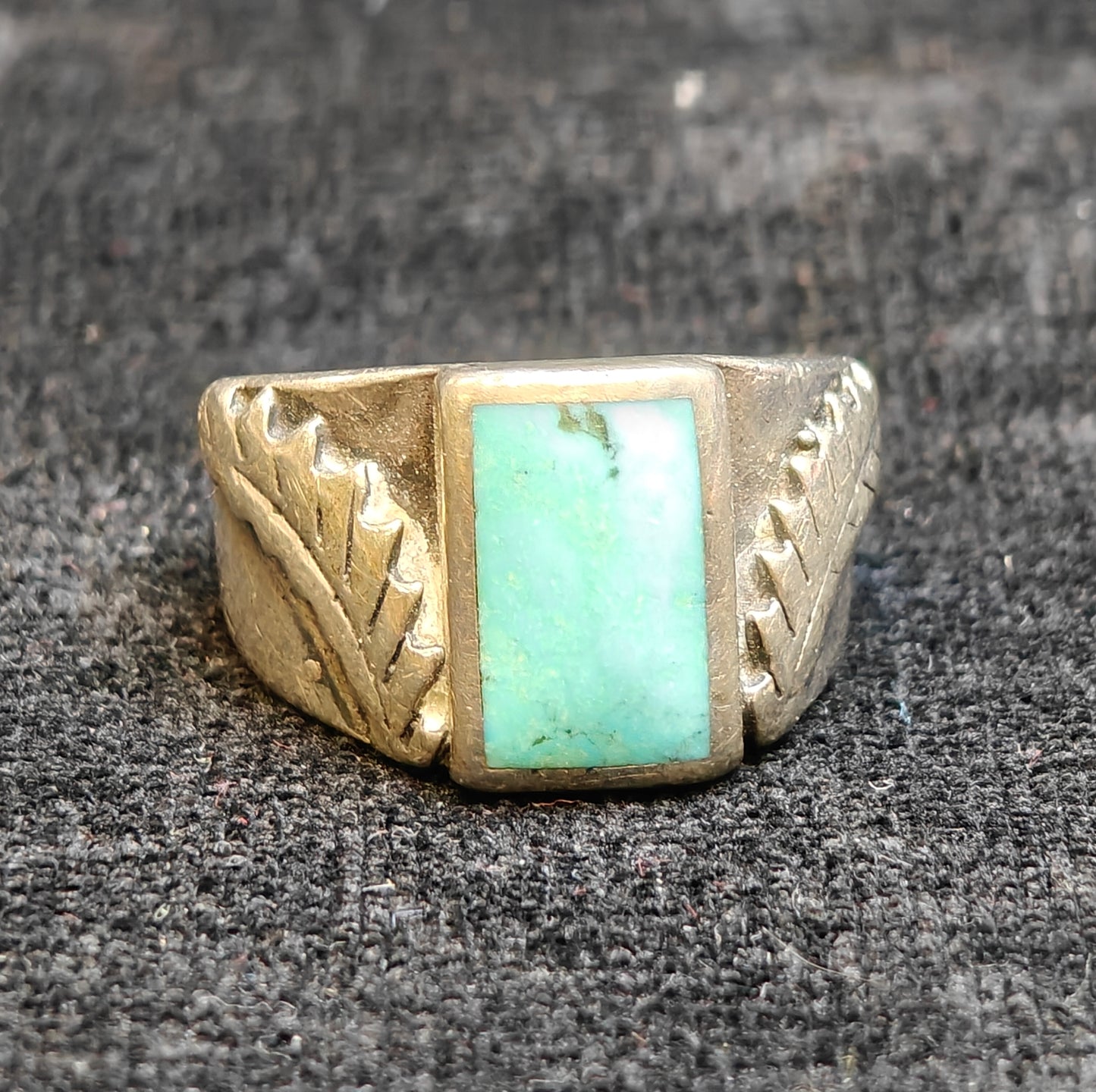925 Silver and Turquoise Native American Trade Ring- Size 8-   Feather Figural and Flush Set Stone