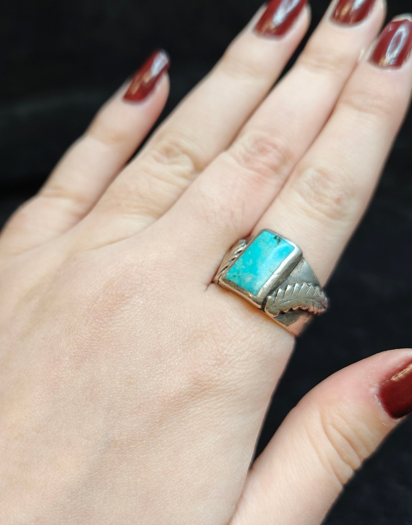 925 Silver and Turquoise Native American Trade Ring- Size 8-   Feather Figural and Flush Set Stone