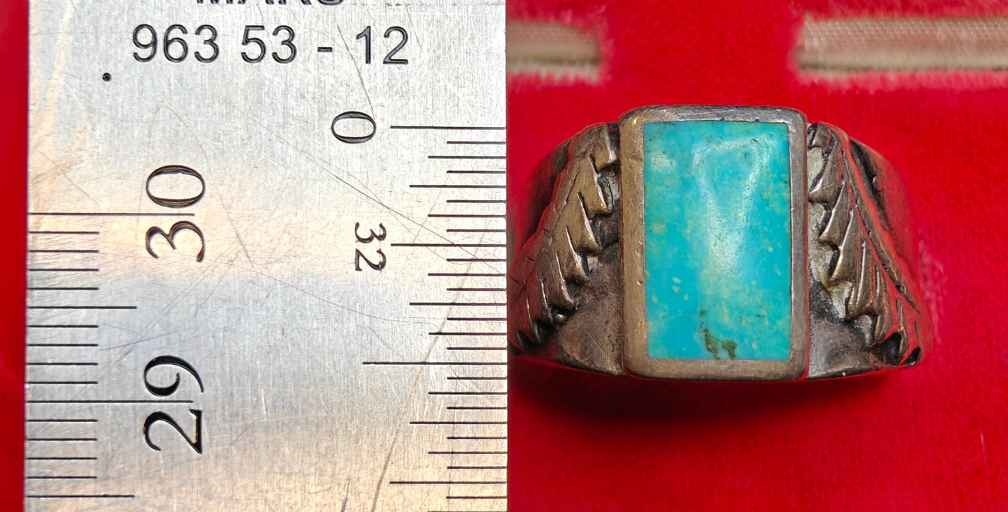 925 Silver and Turquoise Native American Trade Ring- Size 8-   Feather Figural and Flush Set Stone