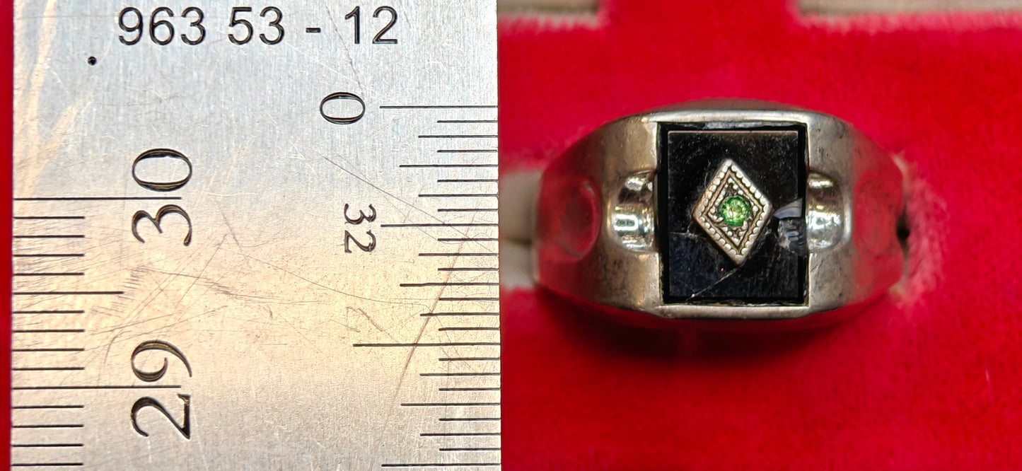 Sterling Silver Onyx Setting with Aquamarine Chip Center Setting - Size 7.5